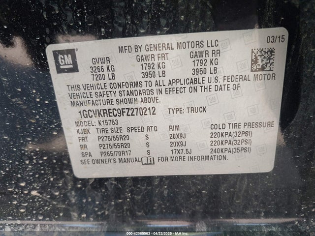 1GCVKREC9FZ270212 Chevrolet Silverado 1500 2lt
