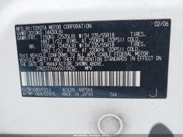 2006 Toyota Rav4 Sport მანქანა იყიდება აუქციონზე, vin: JTMZD32V665010825, აუქციონის ნომერი: 42065569