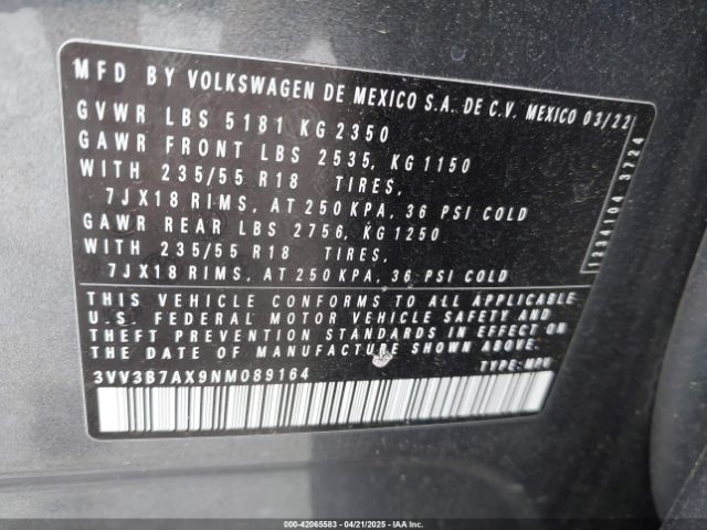 3VV3B7AX9NM089164 Volkswagen Tiguan 2.0t Se