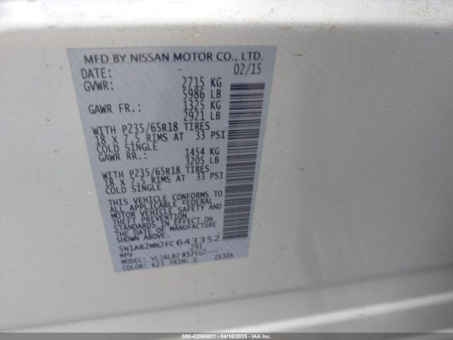 5N1AR2MN2FC643352 Nissan Pathfinder S