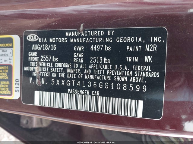 5XXGT4L36GG108599 KIA Optima Lx