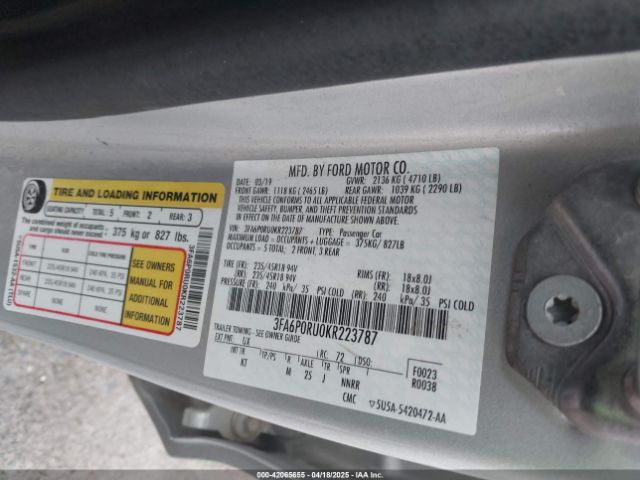 3FA6P0RU0KR223787 Ford Fusion Hybrid Titanium