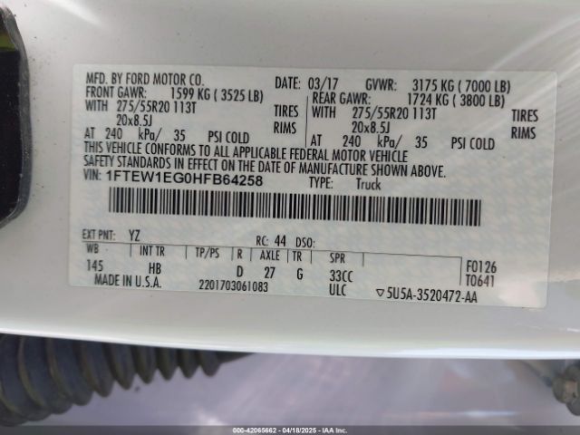 1FTEW1EG0HFB64258 Ford F-150 Lariat