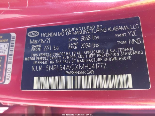 5NPLS4AGXMH041772 Hyundai ELANTRA SEL