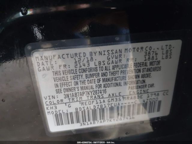 3N1AB7AP7KY287416 Nissan SENTRA SV