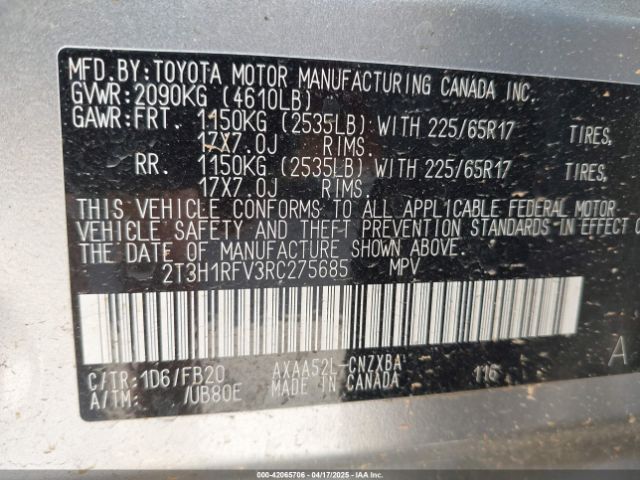 2T3H1RFV3RC275685 Toyota RAV4 LE