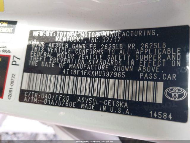 4T1BF1FKXHU397965 Toyota CAMRY SE