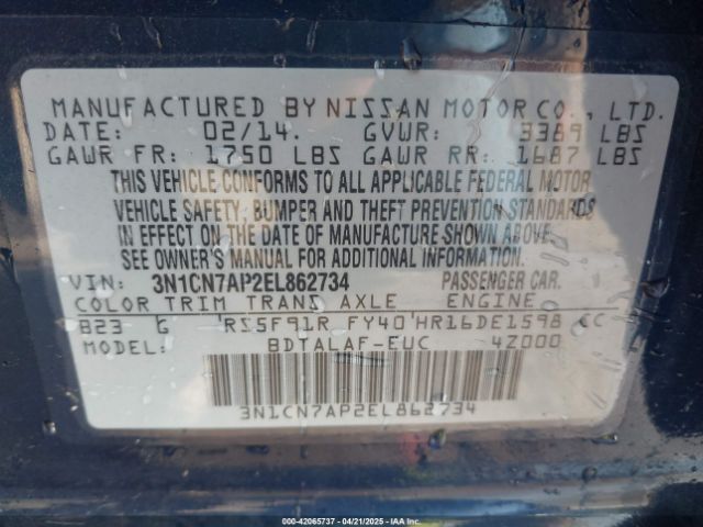 3N1CN7AP2EL862734 Nissan Versa 1.6 S