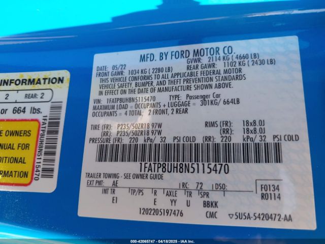 1FATP8UH8N5115470 Ford Mustang Ecoboost Premium
