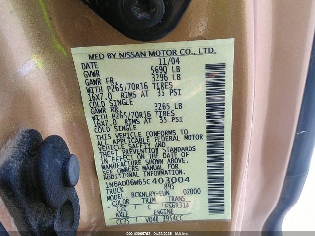 Продажа на аукционе авто 2005 Nissan Frontier Se, vin: 1N6AD06W65C403004, номер лота: 42065762