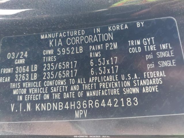KNDNB4H36R6442183 KIA Carnival Mpv Lx Seat Package