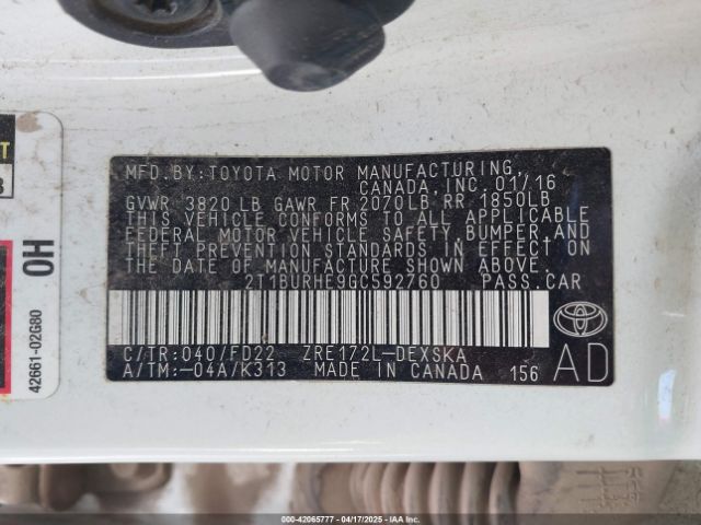 2T1BURHE9GC592760 Toyota Corolla S Plus