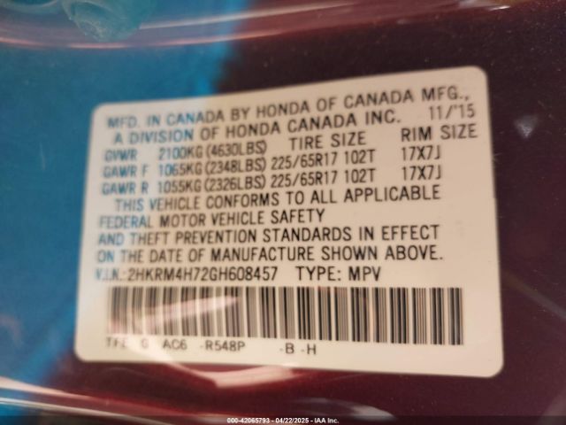2HKRM4H72GH608457 Honda Cr-v Ex-l
