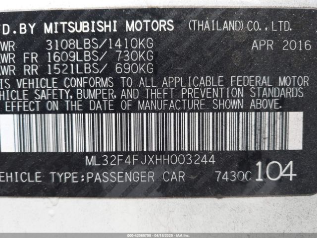 ML32F4FJXHH003244 Mitsubishi Mirage G4 Se