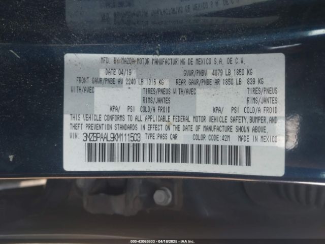 3MZBPAAL9KM111503 Mazda Mazda3 Select Package