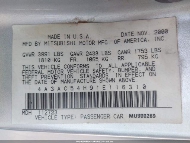 2001 MITSUBISHI ECLIPSE 4A3AC54H91E116310 Photo 8