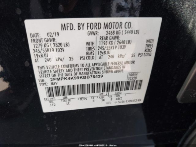 2FMPK4K99KBB76439 Ford Edge Titanium