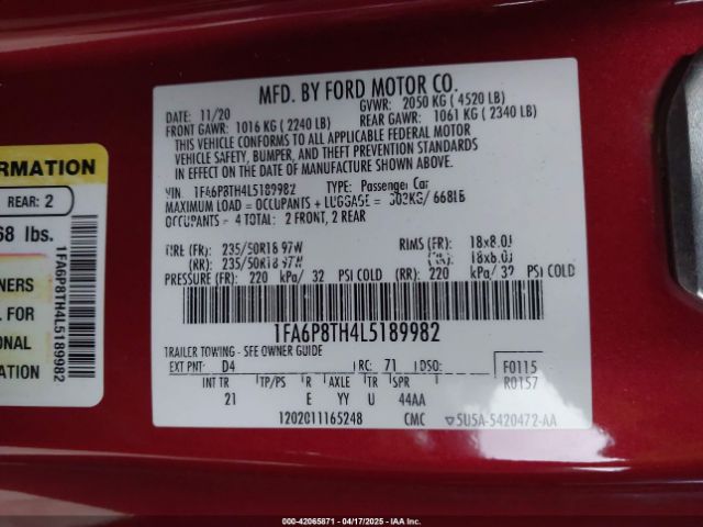 1FA6P8TH4L5189982 Ford Mustang Ecoboost Fastback