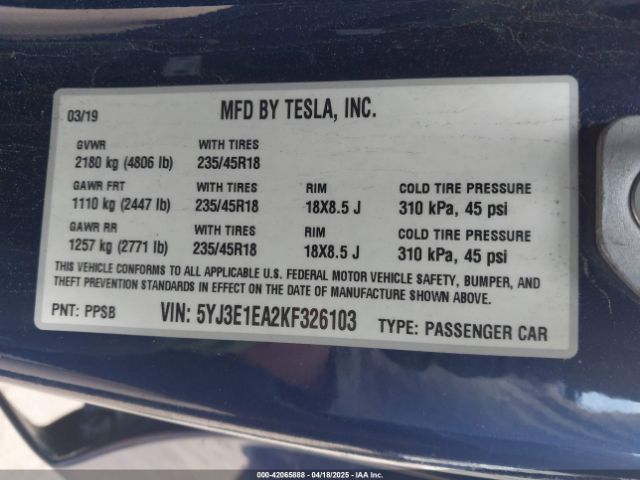 5YJ3E1EA2KF326103 Tesla Model 3 Long Range/mid Range/standard Range/standard Range Plus