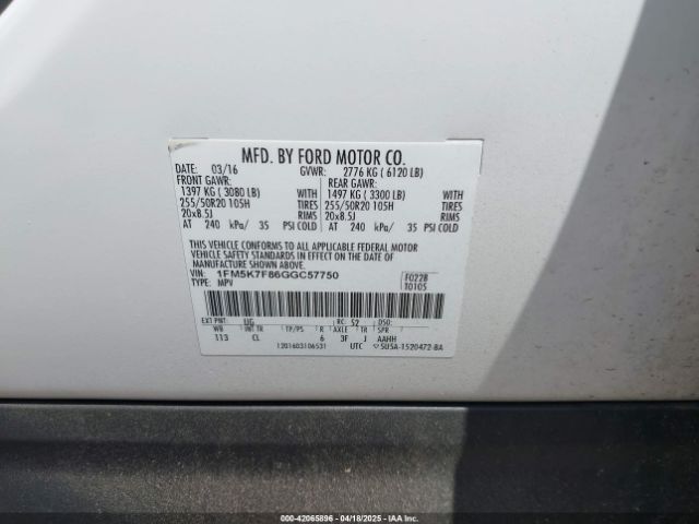 1FM5K7F86GGC57750 Ford Explorer Limited