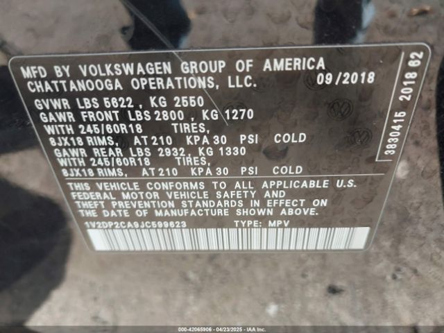 1V2DP2CA9JC599623 Volkswagen Atlas 2.0t Se/2.0t Se W/technology