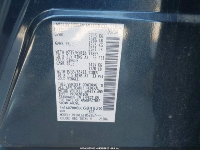 5N1AR2MM6EC684928 Nissan Pathfinder Sl