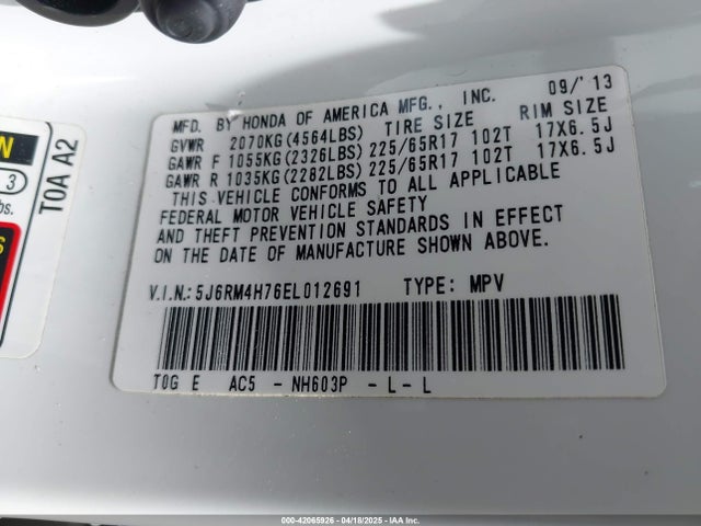 5J6RM4H76EL012691 Honda Cr-v Ex-l