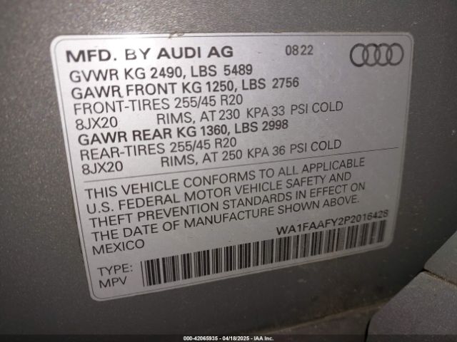 WA1FAAFY2P2016428 Audi Q5 Prestige 45 Tfsi S Line Quattro S Tronic