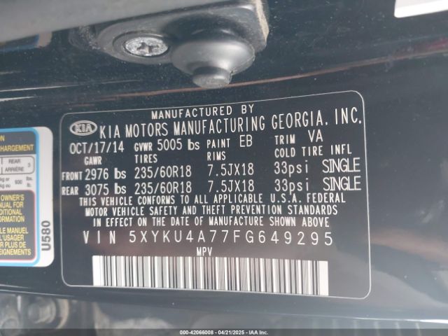 5XYKU4A77FG649295 KIA Sorento Ex V6