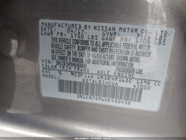 3N1CN7AP6HK450438 Nissan Versa 1.6 Sv