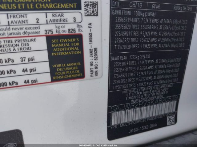 SALWR2RV3KA820539 Land Rover Range Rover Sport Hse