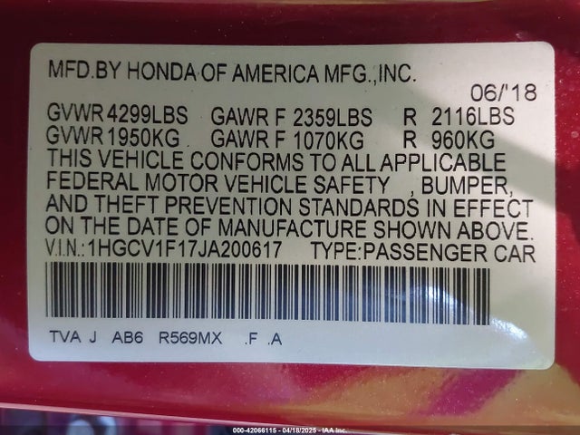1HGCV1F17JA200617 Honda ACCORD LX