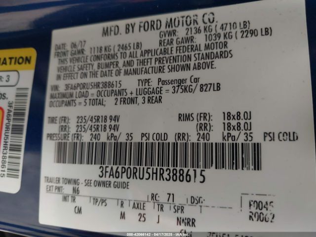 3FA6P0RU5HR388615 Ford Fusion Hybrid Titanium