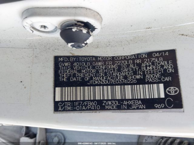 JTDKN3DU7E0376226 Toyota Prius Two