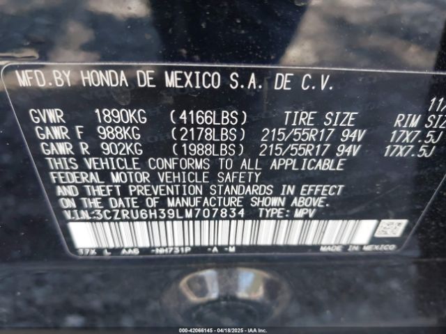 3CZRU6H39LM707834 Honda Hr-v Awd Lx