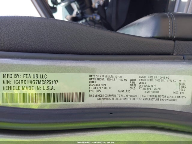 1C4RDHAG7MC825107 Dodge Durango Sxt Plus Rwd