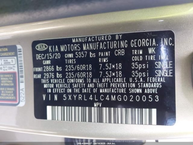 5XYRL4LC4MG020053 KIA SORENTO S