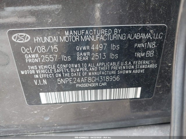 5NPE24AF8GH318956 Hyundai SONATA SE