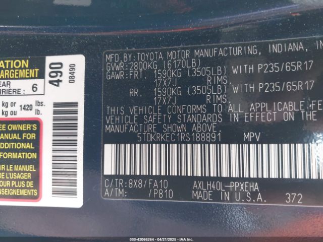 5TDKRKEC1RS188891 Toyota SIENNA LE