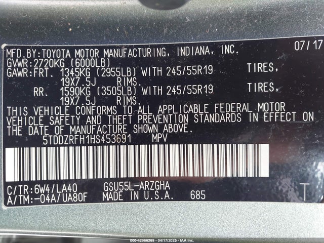 5TDDZRFH1HS453691 Toyota Highlander Limited