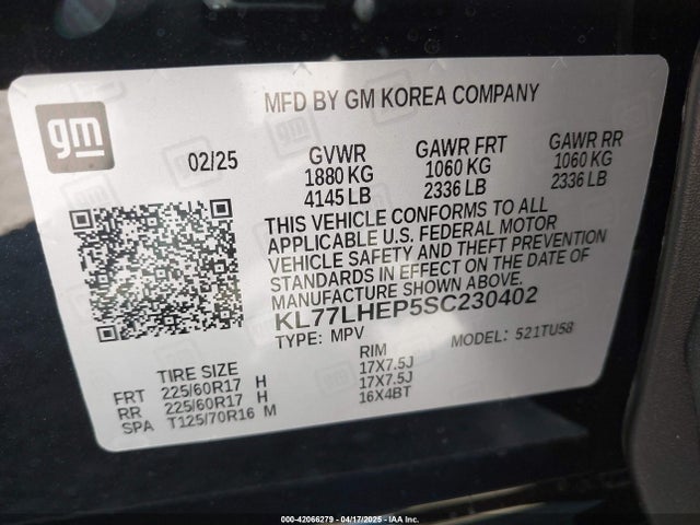 KL77LHEP5SC230402 Chevrolet Trax Fwd Lt