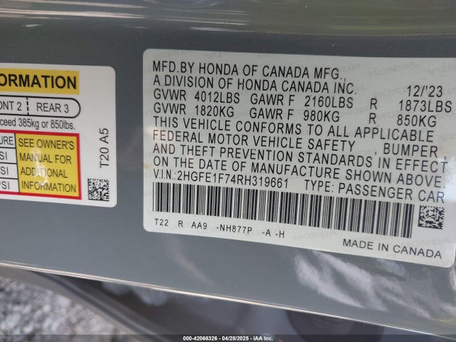 2HGFE1F74RH319661 Honda CIVIC EX