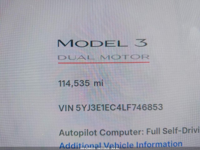 Tesla MODEL 3 2020 5YJ3E1EC4LF746853 Image 15