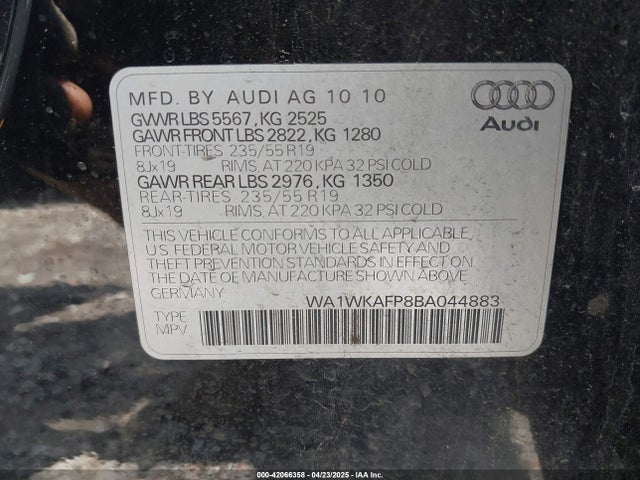 2011 Audi Q5 3.2 Premium Plus მანქანა იყიდება აუქციონზე, vin: WA1WKAFP8BA044883, აუქციონის ნომერი: 42066358