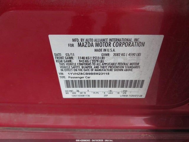Aukcja sprzedaży 2011 Mazda Mazda6 S Grand Touring, vin: 1YVHZ8CB9B5M23115, numer aukcji: 42066363