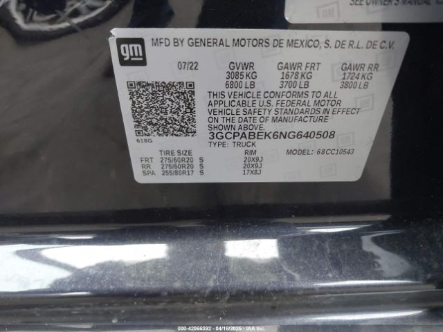 3GCPABEK6NG640508 Chevrolet Silverado 1500 2wd  Short Bed Custom