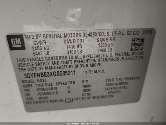 3GYFNBE3XGS505311 Cadillac Srx Luxury Collection