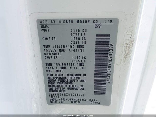 3N6CM0KNXMK705328 Nissan Nv200  Cargo Sv Xtronic Cvt