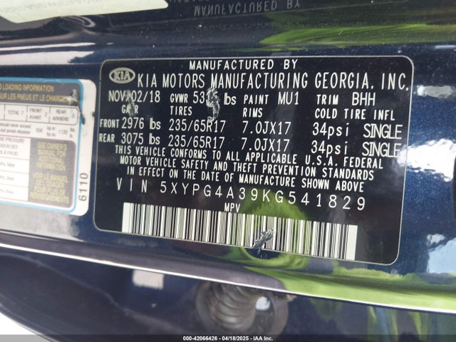 5XYPG4A39KG541829 KIA gdi theta-ii