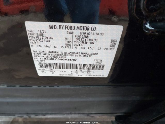 1FM5K8LC5NGA34787 Ford Explorer King Ranch